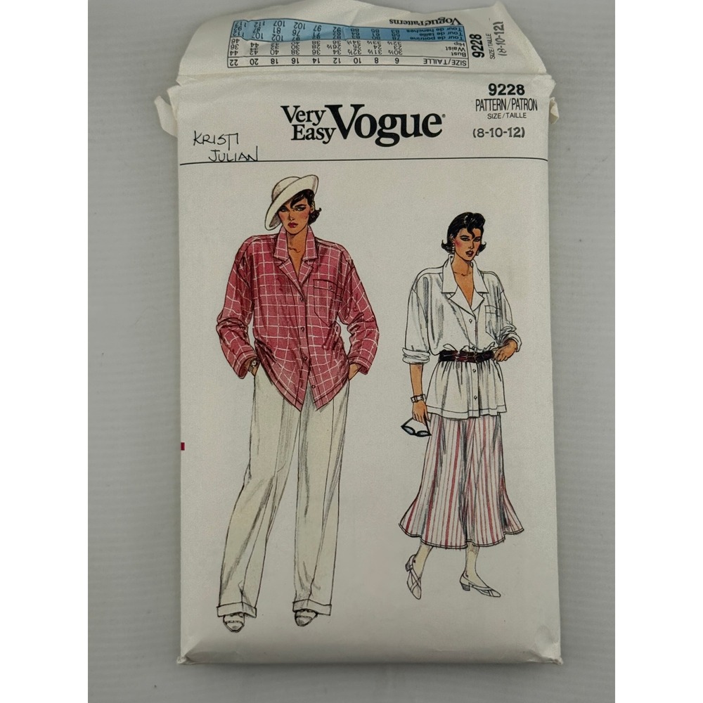 Vogue 9228 Sewing Pattern Misses Size 8-10-12 Good 80s Shirt Skirt Pants